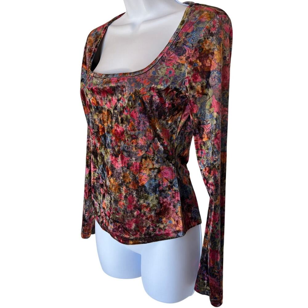 Natural Life Floral Stretch Velvet Colorful Square Neck Top "Danielle" size S - Picture 5 of 10